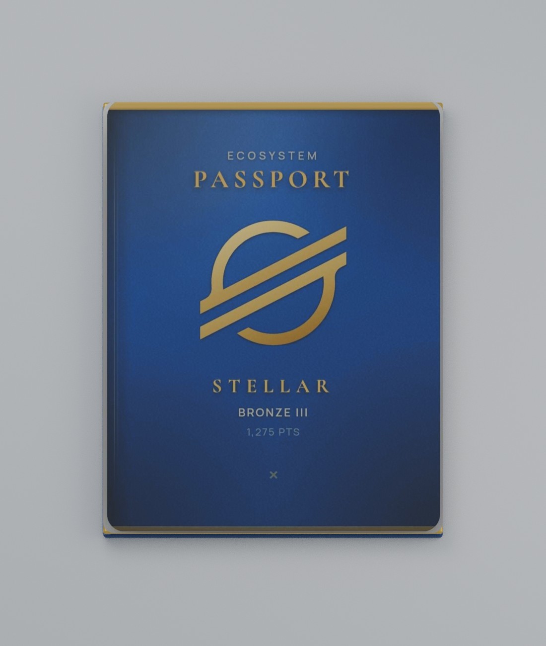Modelo tridimensional del Passport azul y dorado, con la portada original