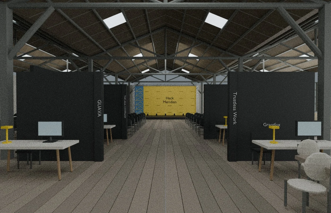 Reconstrucción de stands con paneles negros a ambos lados del pasillo central hacia el escenario